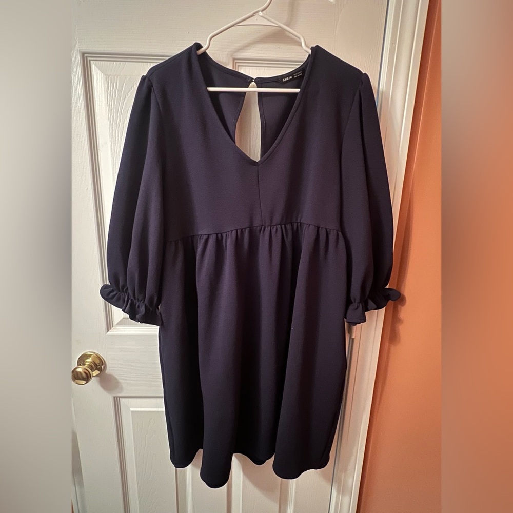 SHEIN Navy V-Neck Puff Sleeve Babydoll Dress